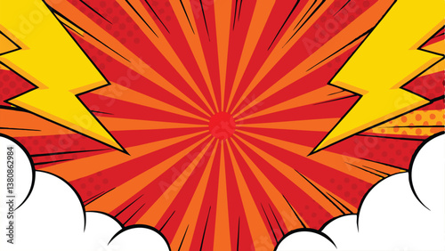 Comic Book Explosion Dynamic Red Sunburst, Lightning Bolts, Pop Art