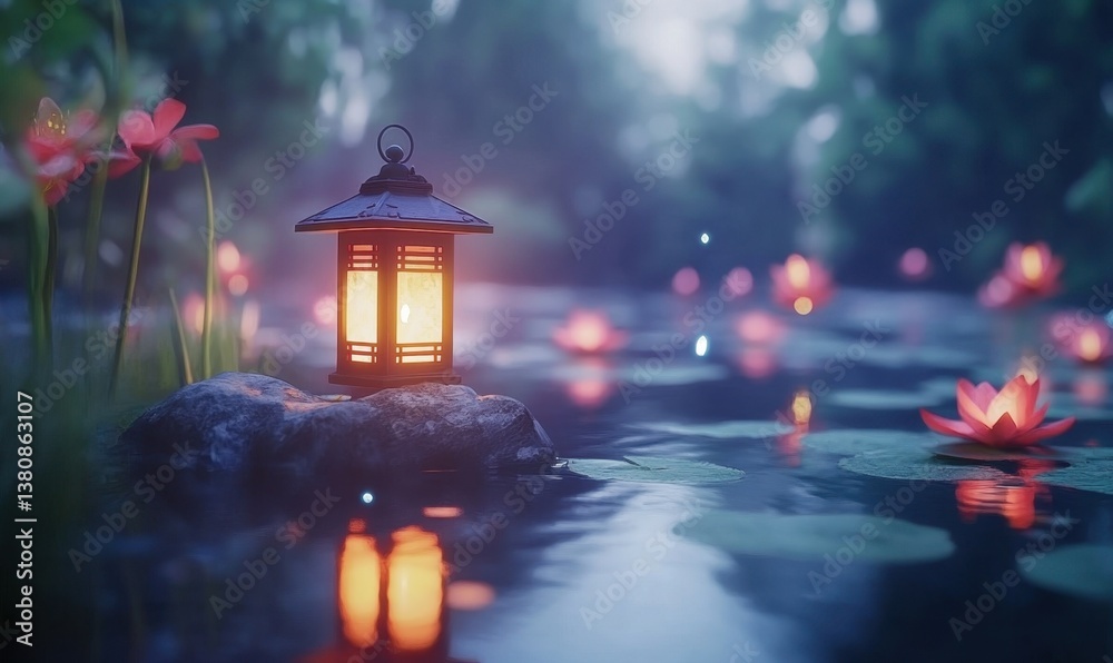 Lantern on rock in pond with floating flowers at twilight in mystical forest Lantern on rock in pond with floating flowers at twilight in mystical forest