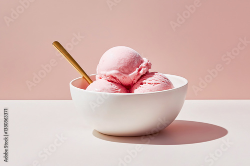 Berry ice cream in a bowl plate with a golden spoon on a pink background