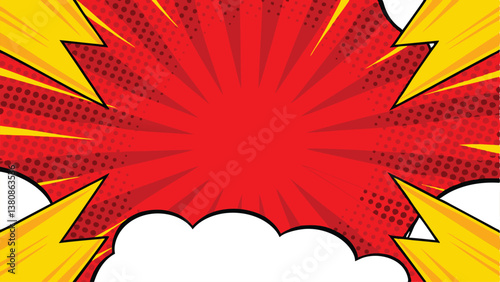 Comic Book Style Explosion, Red and Yellow, Pop Art Design, Dynamic Background, Radial Burst, Graphi