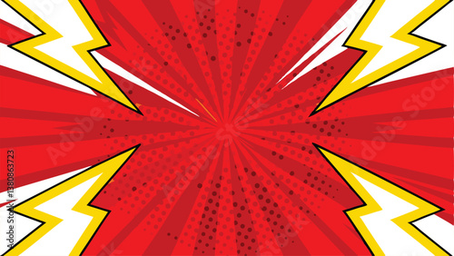 Red Comic Book Explosion Background Dynamic, Power, Energy, Rays, Flash, Pop Art, Graphic Design, Vi