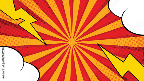 Dynamic Comic Book Background Red, Yellow, Sunburst, Lightning, Pop Art