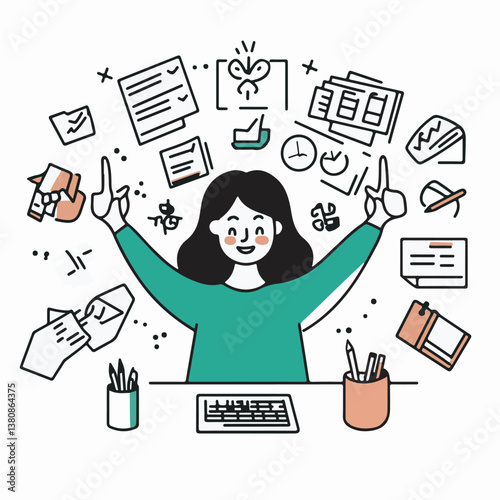 Woman celebrating project completion in workspace with floating tasks