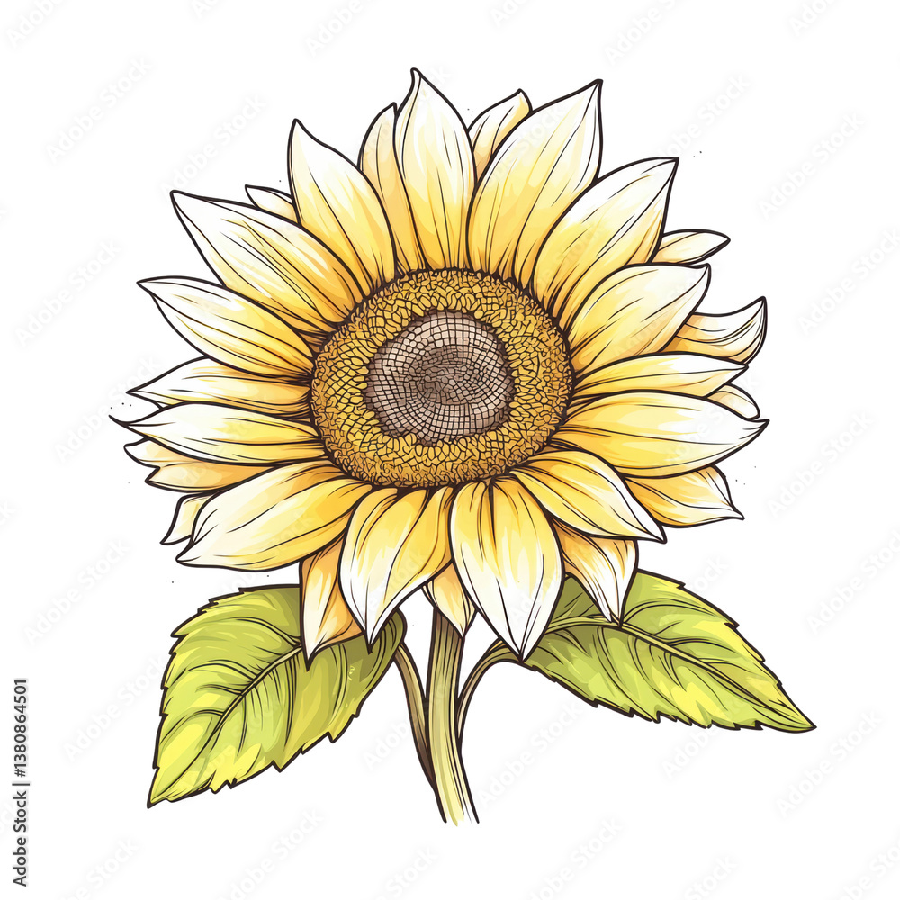 Fototapeta premium A vibrant sunflower with large, yellow petals and a textured center, accompanied by green leaves, showcasing its natural beauty.