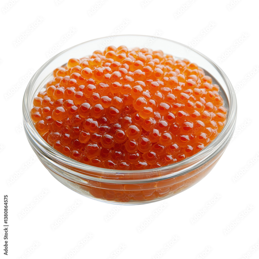 A bowl filled with shiny, orange fish roe, showcasing its round, glistening beads. A bowl filled with shiny, orange fish roe, showcasing its round, glistening beads.