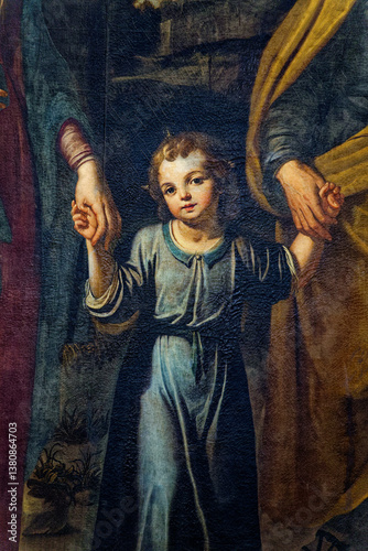 Εκτύπωση καμβά Painting (19th century) of Holy family: Jesus infant between hands of Virgin Mary and St Joseph