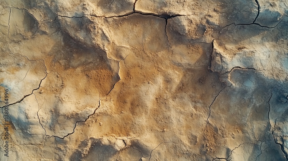 Naklejka premium Micro-cracks on the surface of a dried lakebed, forming an unusual pattern, top-down aerial view