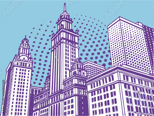 Majestic City Skyline Skyscrapers, Towers, Urban Architecture, Pop Art Style