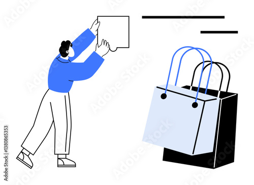 Person placing item in large shopping bag. Ideal for e-commerce, online shopping, retail, consumerism, convenience, purchasing process, modern business, and abstract line flat metaphor