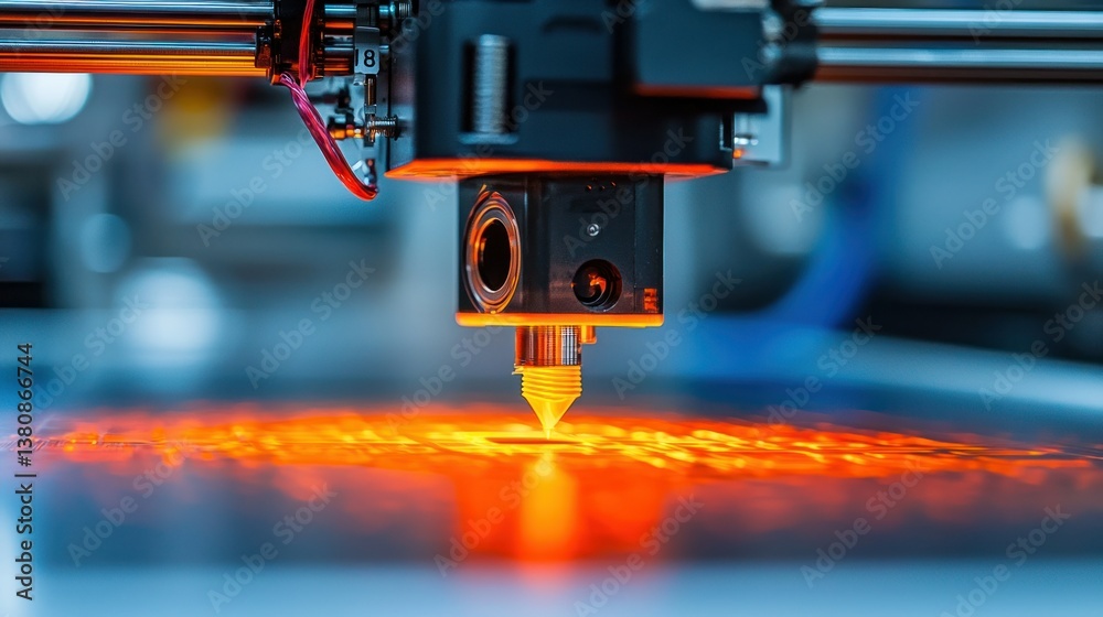 Close-up of 3D printer nozzle printing glowing material. High-tech manufacturing process in action Close-up of 3D printer nozzle printing glowing material. High-tech manufacturing process in action