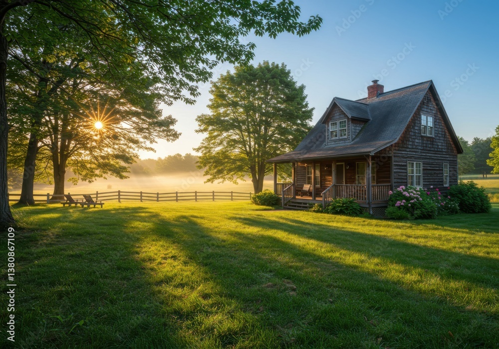A log cabin home in a green field with a wooden fence and trees at sunrise with sun rays shining through A log cabin home in a green field with a wooden fence and trees at sunrise with sun rays shining through