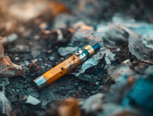Environmental impact of e-waste broken disposable vape in plastic debris urban landscape close-up view sustainability challenge
