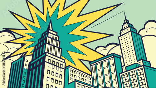Pop Art Cityscape Exploding Metropolis, Skyscrapers, Urban Scene