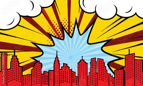 Comic Book Cityscape Explosion, Pop Art, Urban Skyline, Dynamic