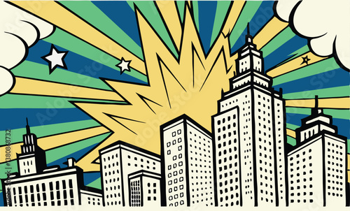 Retro Cityscape Explosion Pop Art Skyscrapers, Buildings, Stars