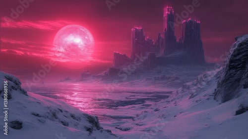 Castle ruin in a snowy landscape under a red moon. Dreamlike, unreal scenery