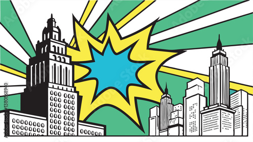 Pop Art Cityscape Exploding Metropolis, Skyscrapers, Buildings