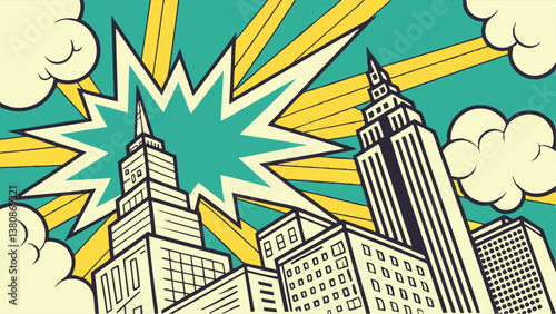 Retro Pop Art Cityscape Skyscrapers, Explosion, Comic Book Style