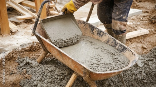 A construction worker pouring cement into molds at a construction site. Featuring dexterity and speed