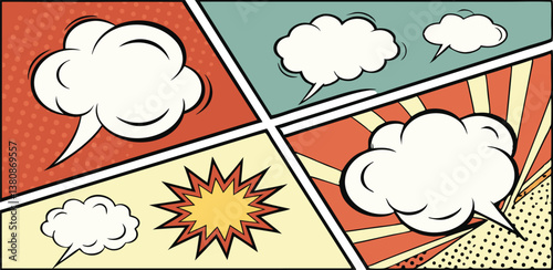 Retro Comic Book Panels with Speech Bubbles and Explosion