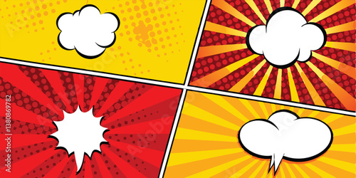 Comic Book Panels Red, Yellow, Speech Bubbles, Pop Art Design