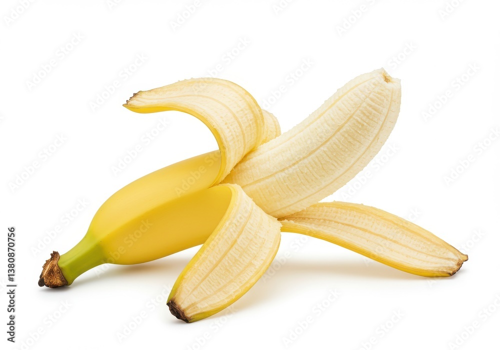 A partially peeled banana with yellow skin and white flesh on a white background in studio lighting A partially peeled banana with yellow skin and white flesh on a white background in studio lighting