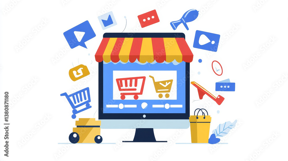 Obraz premium Digital marketing media (website ad, email, social network, SEO, video, mobile app) E-commerce and online shopping concept with icons, Pay Per Click (PPC) dashboard, business technology development