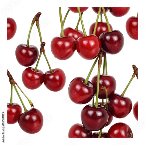 Fresh Red Cherries Hanging from Stems