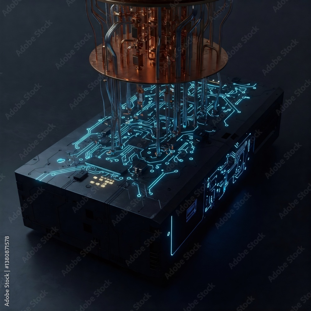 Fototapeta premium Quantum computer transferring data through copper and fiber optic cables