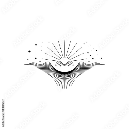 Minimalist Celestial Design: Rising Sun, Stars & Mountains