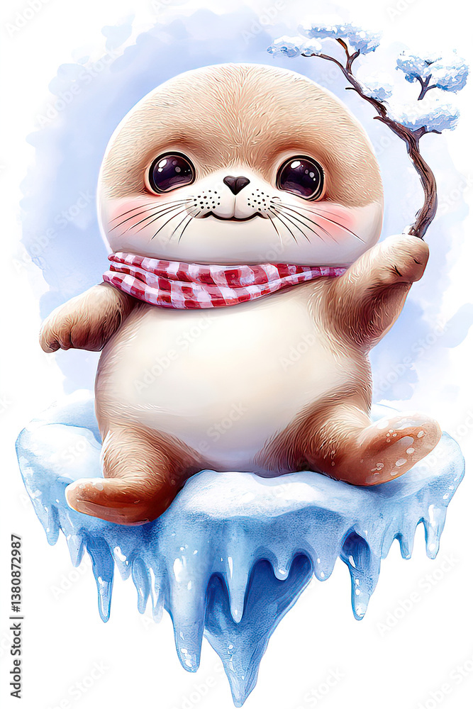 Fototapeta premium Adorable anthropomorphic cartoon animals in cute watercolor clipart style. Cute Baby Seal with Winter Scarf on Icy Platform