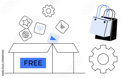 Opened box marked FREE with icons including star, heart, play button, cart, and globe. Gear and shopping bag. Ideal for online shopping, marketing, e-commerce software digital content promotions