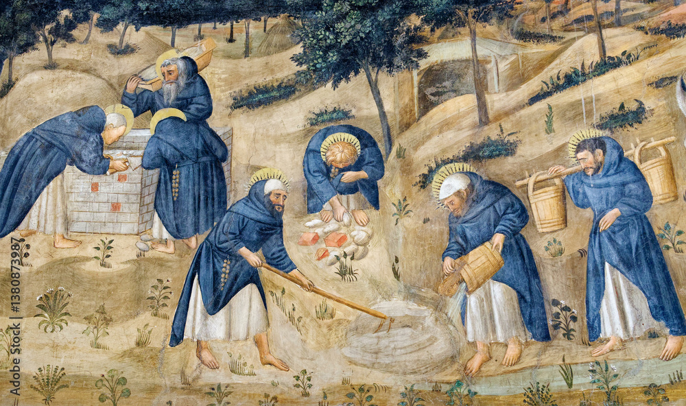 Naklejka premium Fresco (15th century) showing the daily life of monks...