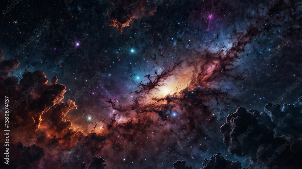 Fototapeta premium Galaxy with glowing nebulas, shooting stars, cosmic dust, ultra-realistic space scene.