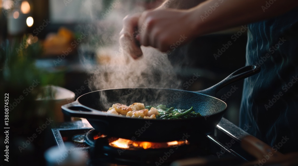 A home cook using a cast-iron skillet to make a classic dish, cinematic lighting, A home cook using a cast-iron skillet to make a classic dish, cinematic lighting,