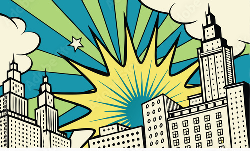 Comic Book Cityscape Exploding Sunburst, Skyscrapers, Pop Art