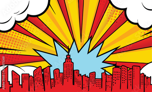 Comic Book Cityscape Exploding Action, Urban Background, Pop Art Style