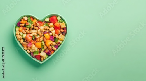 A heart-shaped bowl filled with a variety of colorful vegetables and nuts