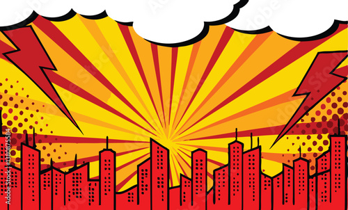 Comic Book Cityscape Explosions, Lightning, and Urban Skyline