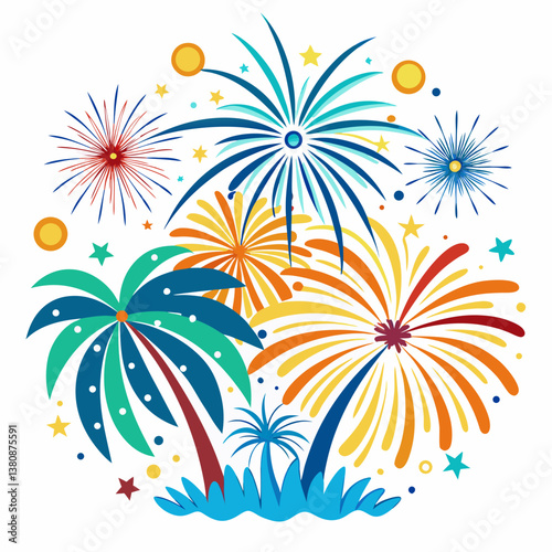 "Stunning fireworks summer vector in AI format for vibrant, customizable digital designs and creative projects."