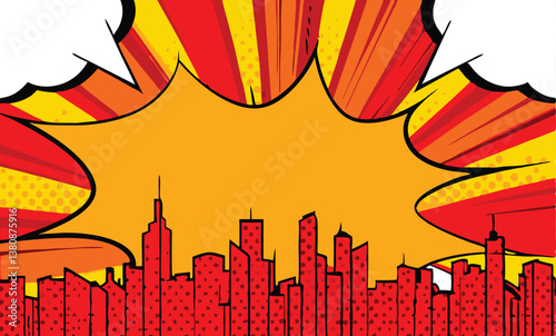 Comic Book Cityscape Explosion, Speech Bubbles, Urban Skyline