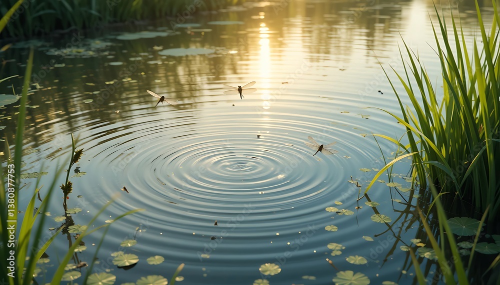 Dragonflies Over Calm Pond Water Creating Gentle Ripples at Sunrise Dragonflies Over Calm Pond Water Creating Gentle Ripples at Sunrise