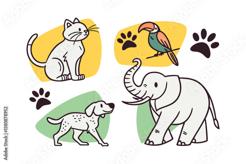 Simple and cute animal illustrations. Dog, elephant, cat, bird.