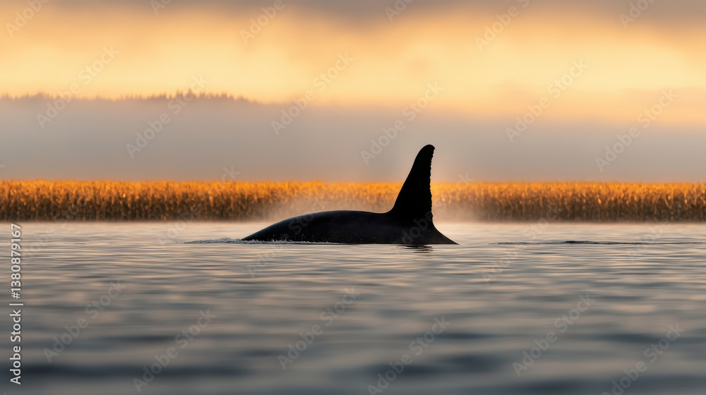 Fototapeta premium Surreal Environmental Warning, whale silhouette glides over calm waters at dawn, surrounded by golden fields