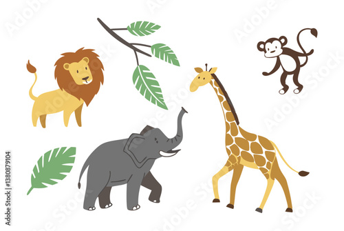 Simple and cute animal illustrations. Dog, elephant, cat, bird.