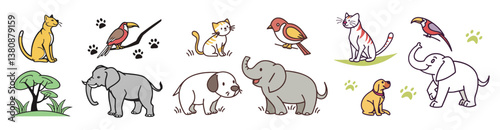 Simple and cute animal illustrations. Dog, elephant, cat, bird.