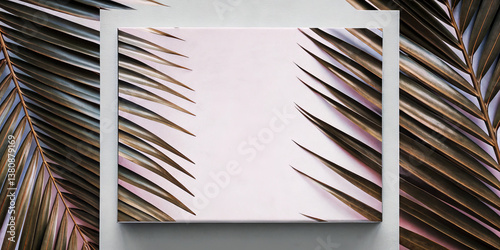 Palm leaves overlapping on pastel canvas with white frame
