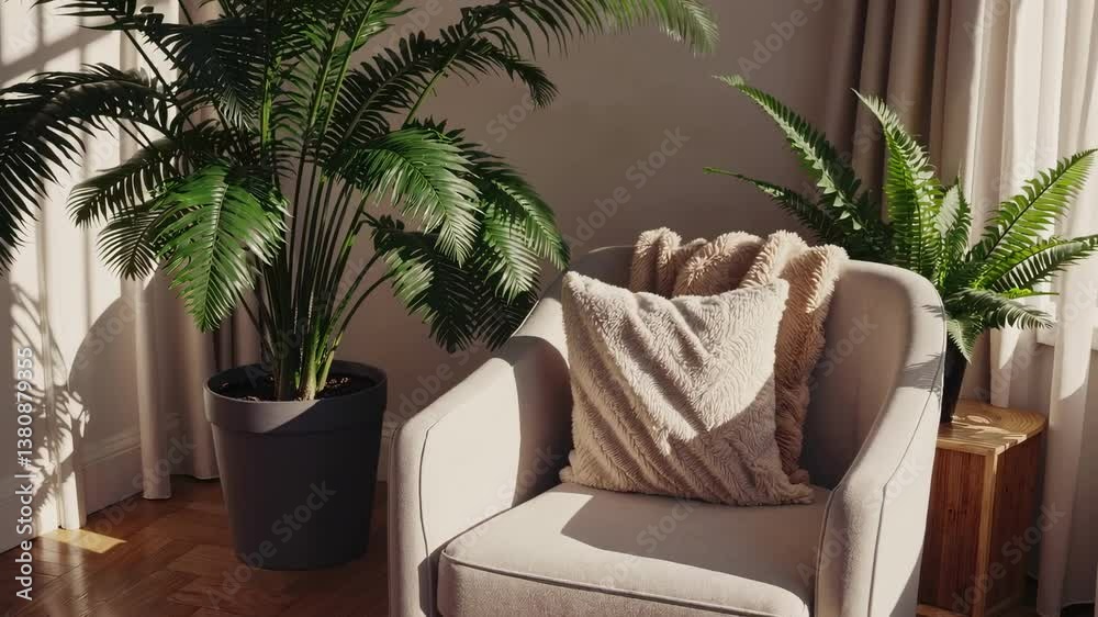 Coin lecture cosy avec fauteuil clair, coussin texturé et plantes vertes en pot, éclairé par la lumière naturelle du matin à travers de grands rideaux – ambiance zen et chaleureuse