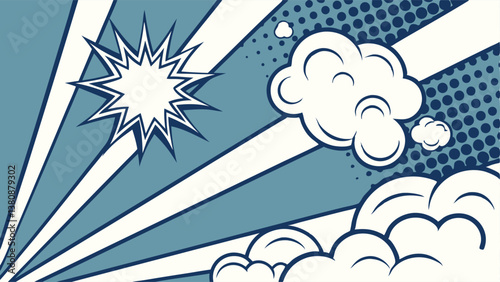 Comic Book Pop Art Design Blue Rays, Explosions, Clouds