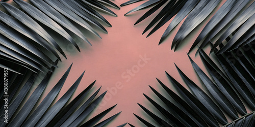 Dark tropical leaves on soft pink background  
